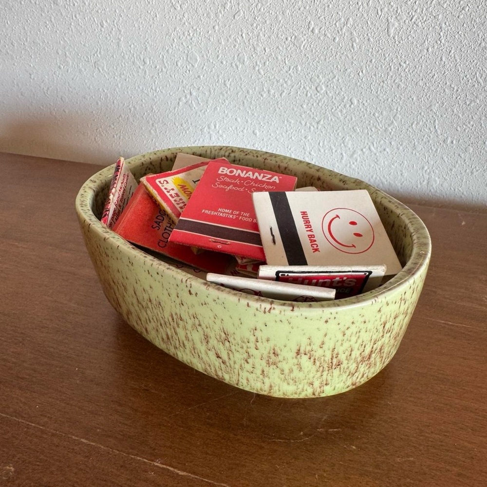 Vintage Matchbook Collection with Pottery Dish, Ephemera Display